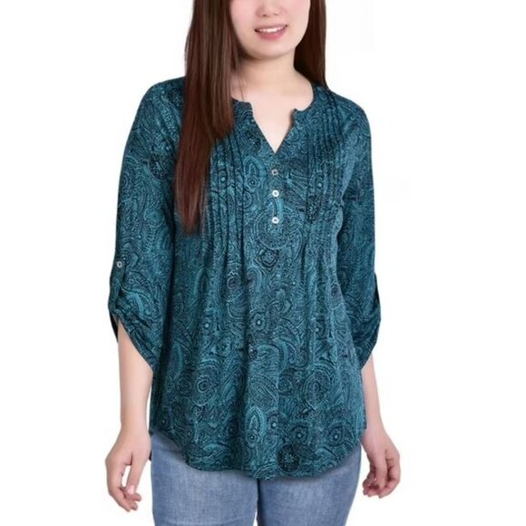 NY Collection Womens Petites Pintuck Matte Jersey Henley Blouse Teal Size PL NWT - Picture 1 of 5